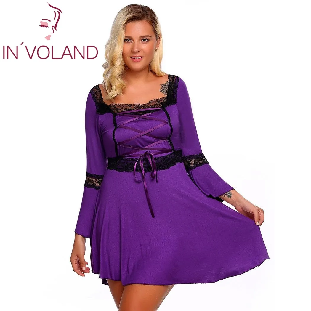 

IN'OVOLAND Women Vintage Plus Size XL-5XL Spring Autumn Square Neck Front Large Lace-up Lace Party Dresses Vestidos Big Size