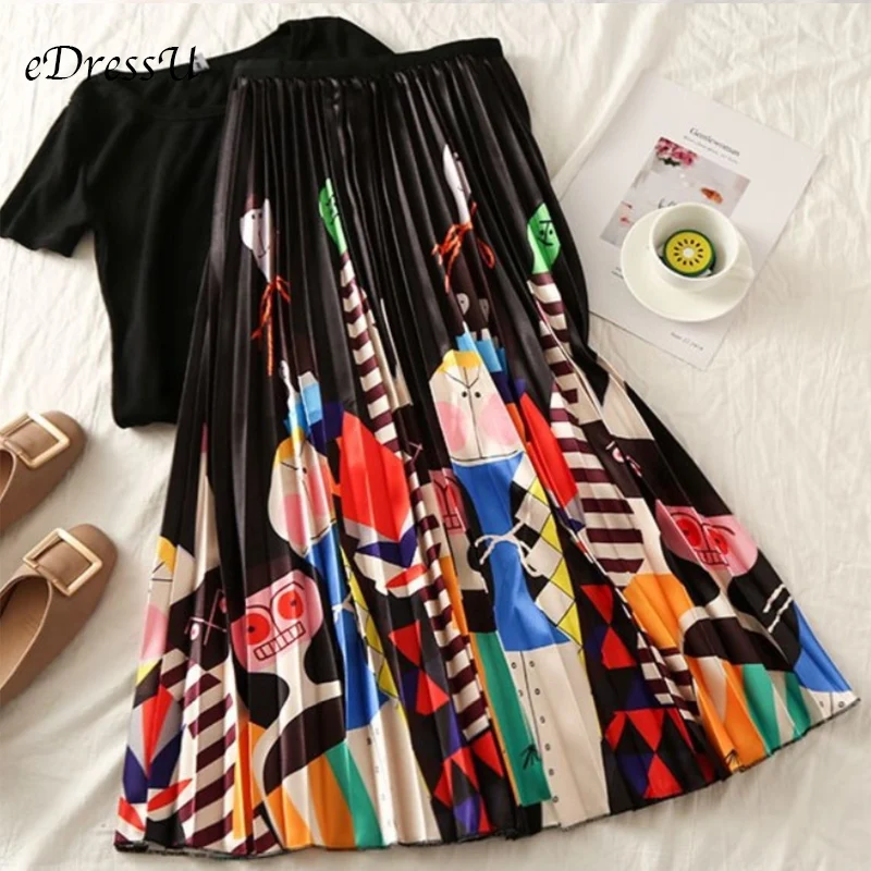 2019 High Waist Midi Skirt Women Print Novelty Fashion Pleated Skirt Elastic Summer Autumn Skirt Casual Daily Wear LS-9831