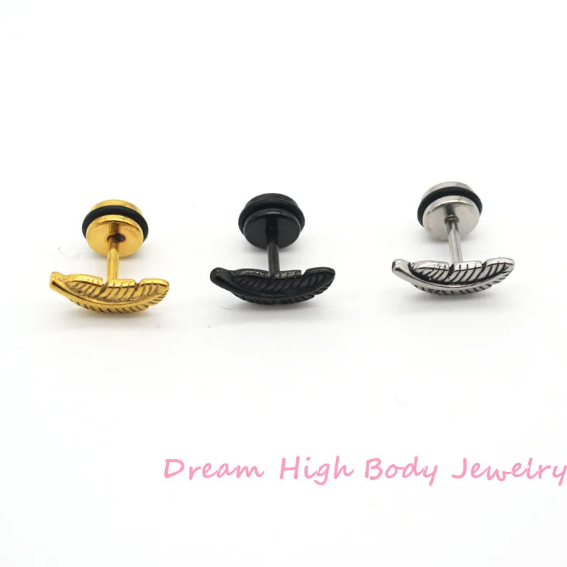 

Feather Earring Ear Stud Stell Black Gold Fake Ear Plugs Women Jewelry 316L Stainless Steel Fashion Body Piercing