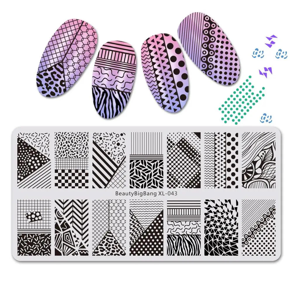 

BEAUTYBIGBANG 6*12cm Nail Art Stamping Plates Rectangle Template Square Geometric stitching Rose Bird Grid Flower XL042
