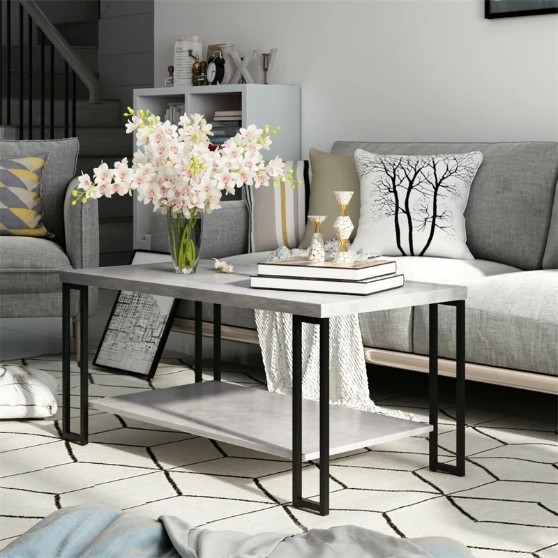 

Accent Cocktail Table Coffee Table w/ Storage Shelf Trendy Marble-look Table Strong Construction Large Weight Capacity HW58608HW