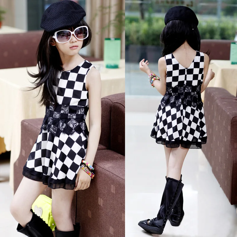 

Summer Black White Plaid Lace Vest Girls Dress Princess Pageant Dresses 4-16 Years Children Clothes Kids Party holiday dress