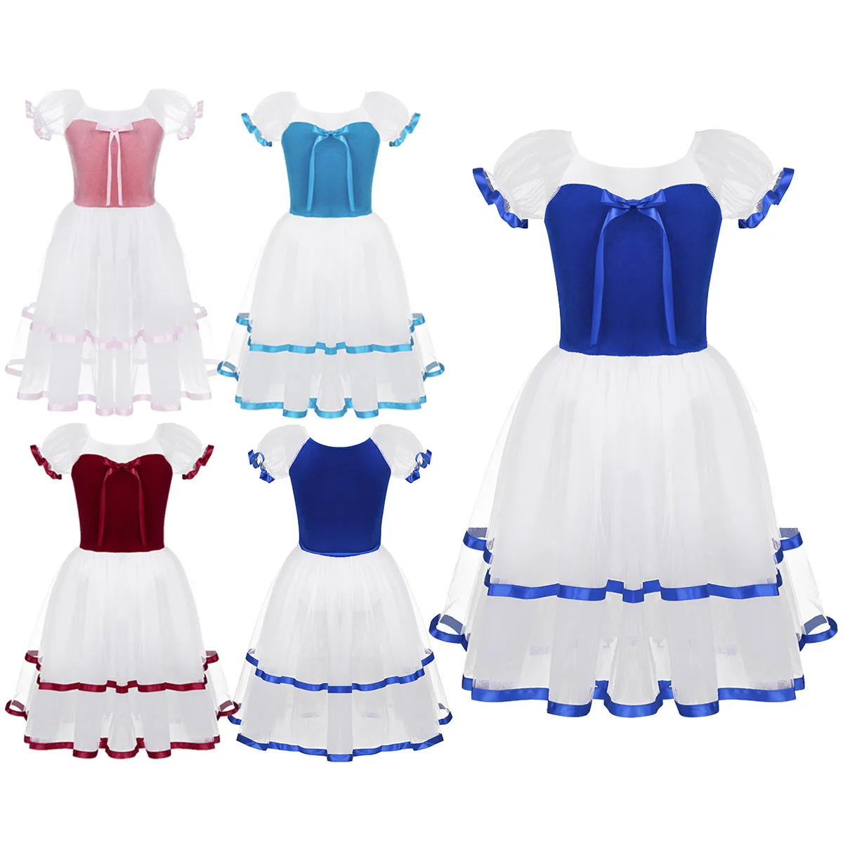 Cena TiaoBug dla dzieci dziewczyny ażurowe Puff rękawem aksamitne gorset profesjonalne Tutu trykot baletowy długa sukienka Lyrical kostium taneczny