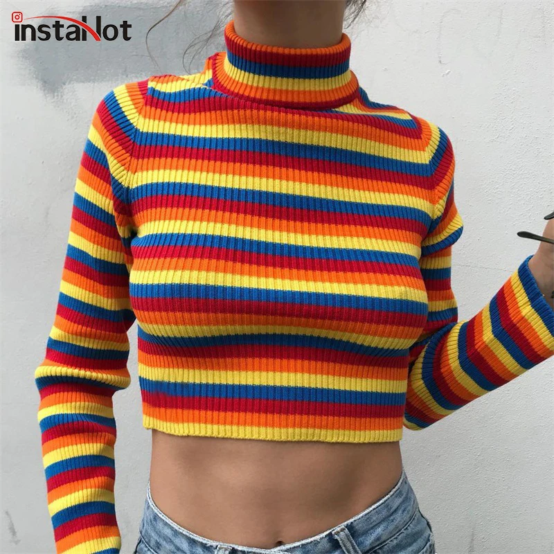 Najtaniej InstaHot Dzianiny Mock Szyi Paski Swetry Kobiety Jesień Rainbow Moda Crop Tops Bluzka Z Długim Rękawem Zima Swetry Hot Sprzedaż