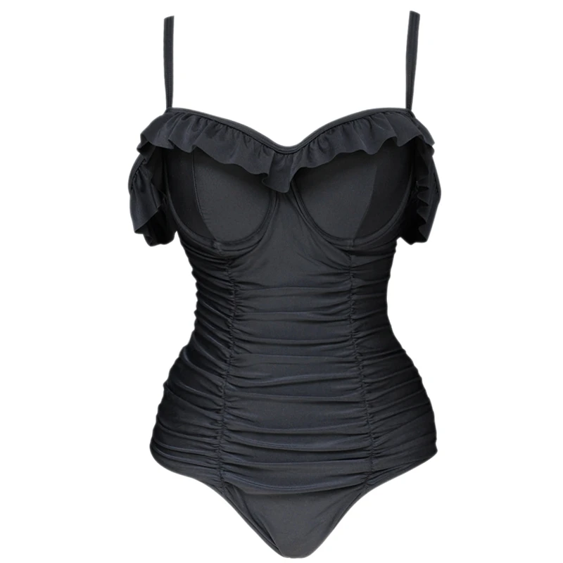 

Plus Size Women One-Piece Swimwear V Neck Off Shoulder Ruffle Ruched Push Up Swimsuit Vintage Beach Bathing Suit