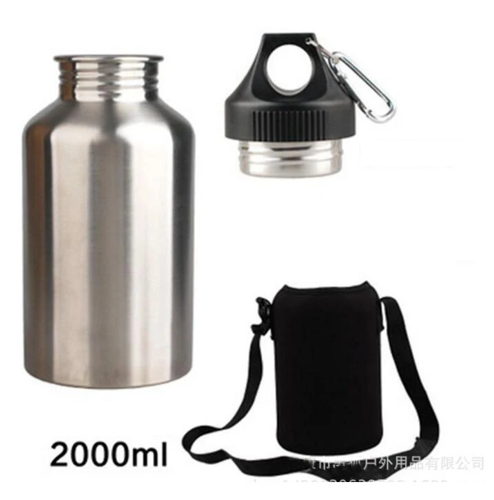 

304 Stainless Steel 2000ml Hiking Sports Drink Water Bottle 2L with New Hook 1 Set Protector Bag N1621