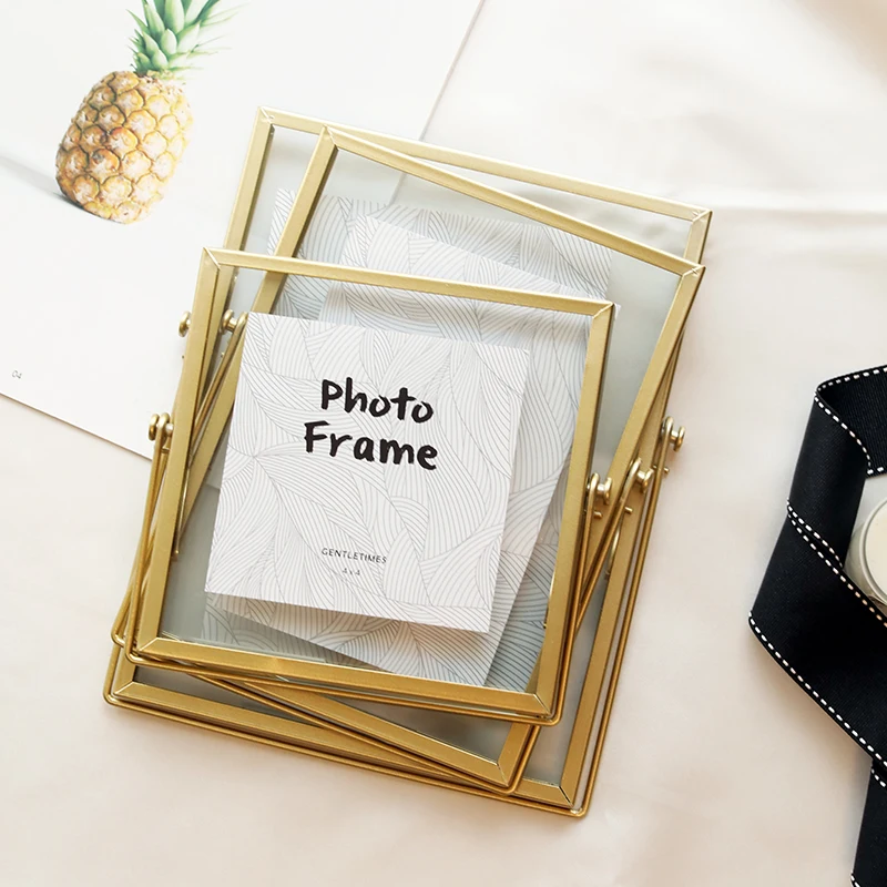 Gold Metal and Glass Photo Frame Folding Wire Desktop Picture Brass Frames for Portraits and Landscape