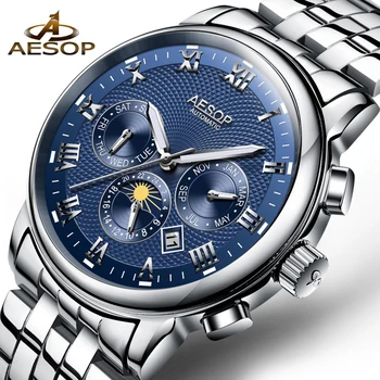 

AESOP Mechanical Watch Luxury Men Watches Stainless Waterproof Complete Calendar Luminous Top Brand Moon Phase Montre Homme