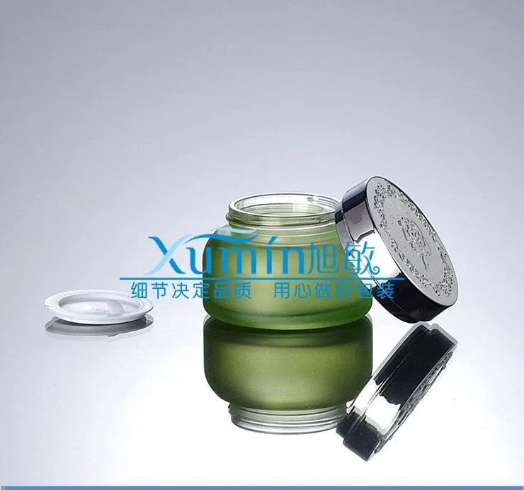 

50g green frosted glass cream jar with shiny silver ABS lid, 50 gram cosmetic jar,packing for sample/eye cream,50g bottle