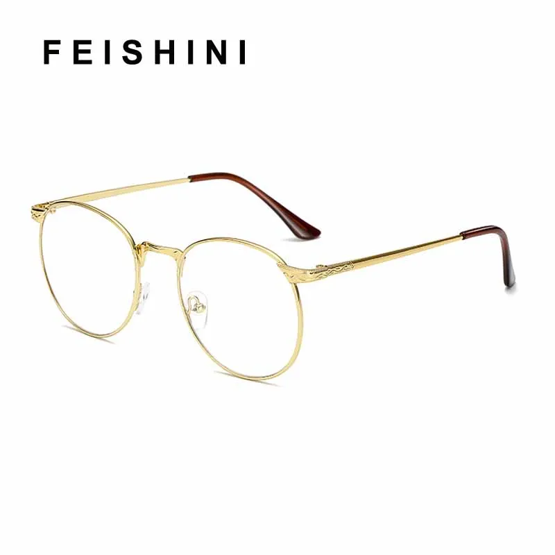 Feishini Золотые круглые мужские очки, оправа, женские металлические винтажные очки, хип-хоп серебряные женские очки, корейские прозрачные линзы