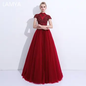 

LAMYA Burgundy Beading Evening Dresses Elegant Embroidery vestido de festa Women Banquet Formal Dresses For Party Abendkleider