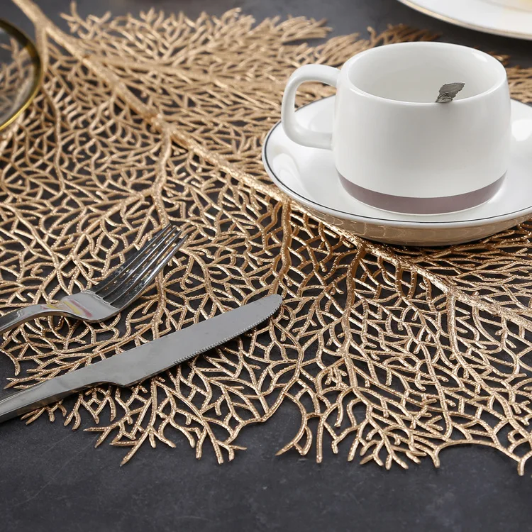 

New PVC Gold Foil Leaf Shape Placemat Table Coasters Cup Pad Solid Placemats Non Slip Table Mat Kitchen Accessories Decoration