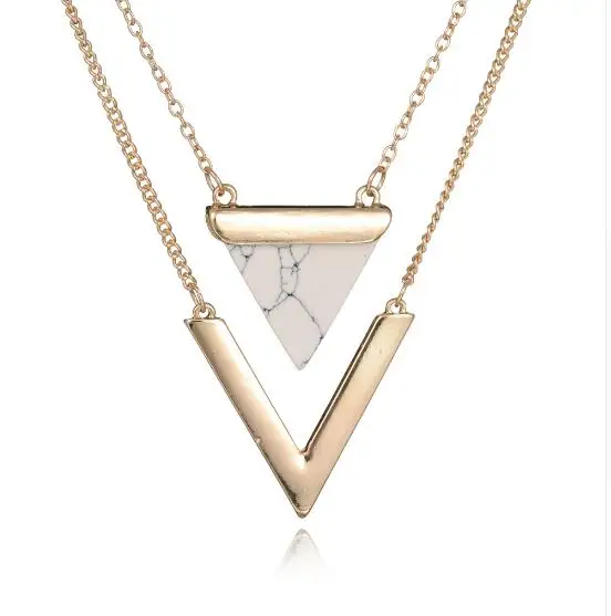 

Women Gold Color Punk Necklaces From India Hot Geometric Triangle Faux Marble Stone Pendant Necklace Vintage Jewelry