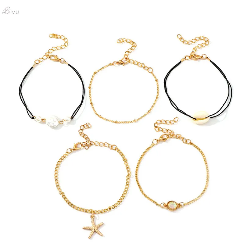 

AOMU 5PCS Fashion Crystal Geometric Shell Imitation Pearl Chain Gold Bracelet Set Bohemian For Women Vintage Jewelry