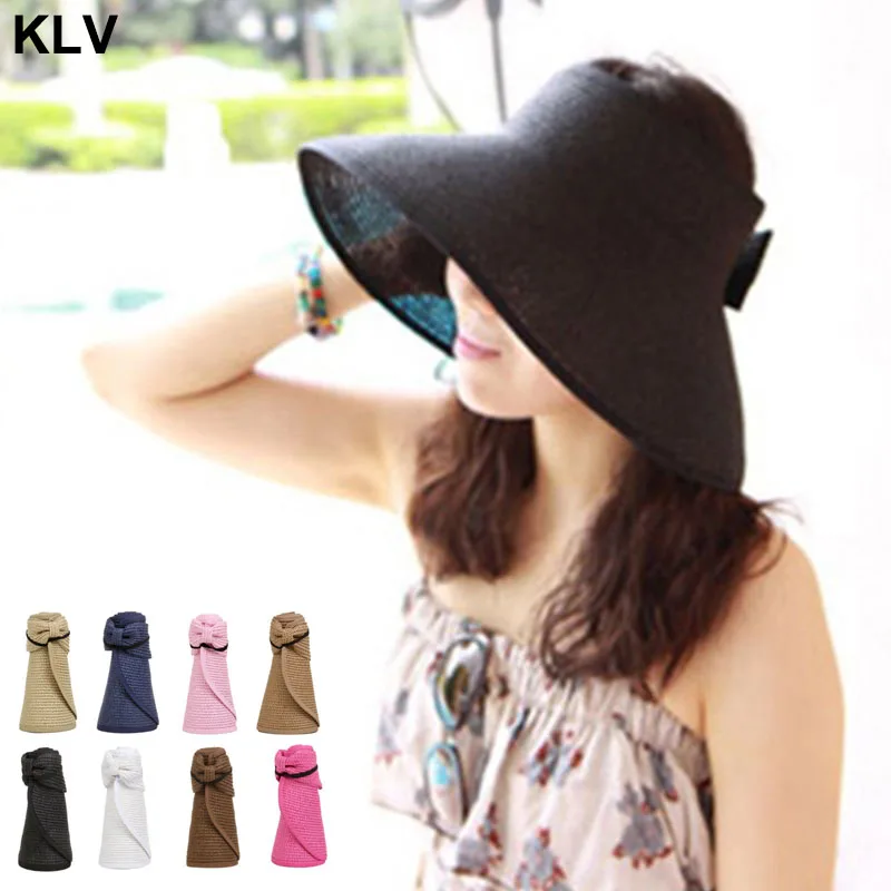 

Women Summer Foldable Open Top Straw Sun Hat Bowknot Back Adjustable Breathable UV-Protection Wide Brim Beach Visor Cap