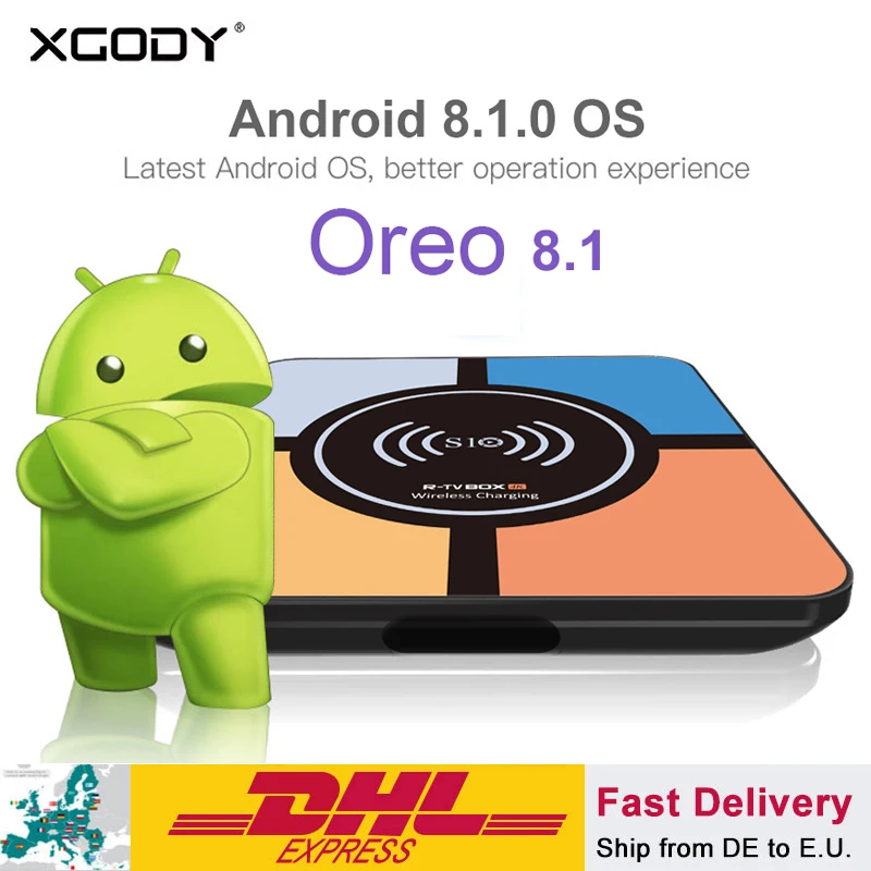 

XGODY Newest S10 Plus Android 8.1 Smart TV Box with Wireless Fast Charging RK3328 4+32GB 2.4GHz Wifi 4K H.265 USB3.0 Set-top Box