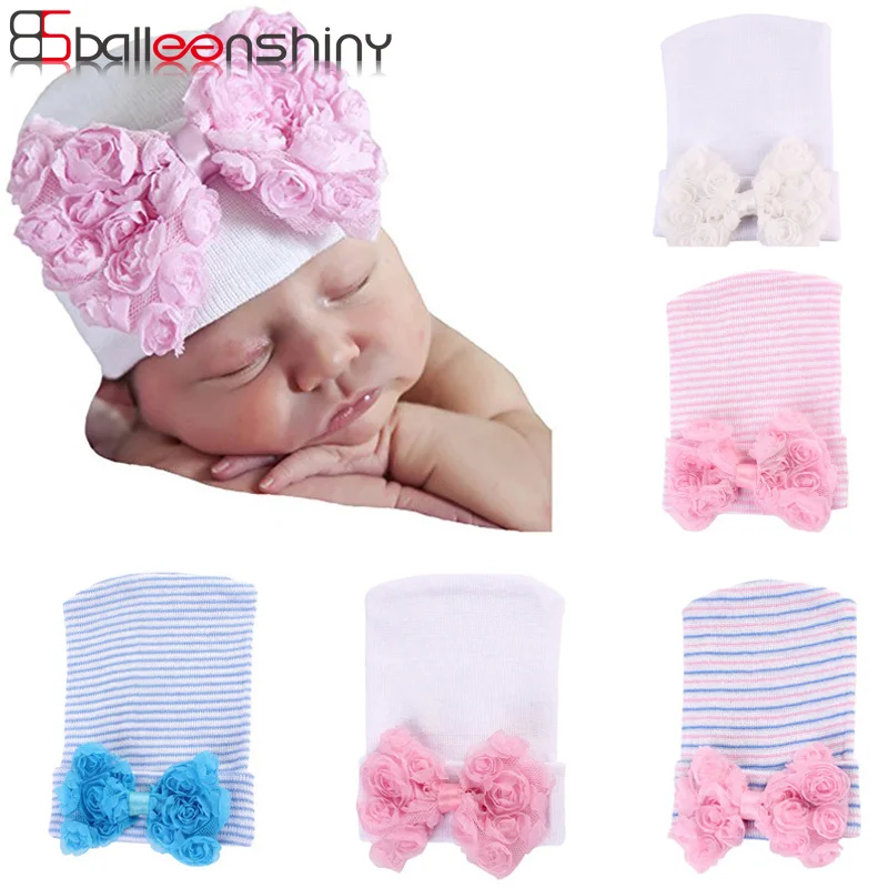 

BalleenShiny Baby Bowknot Flower Hat Fashion Princess Knitted Cap Newborn Infant Soft Hospital Cap Kids Cotton Stripe Beanie Hat