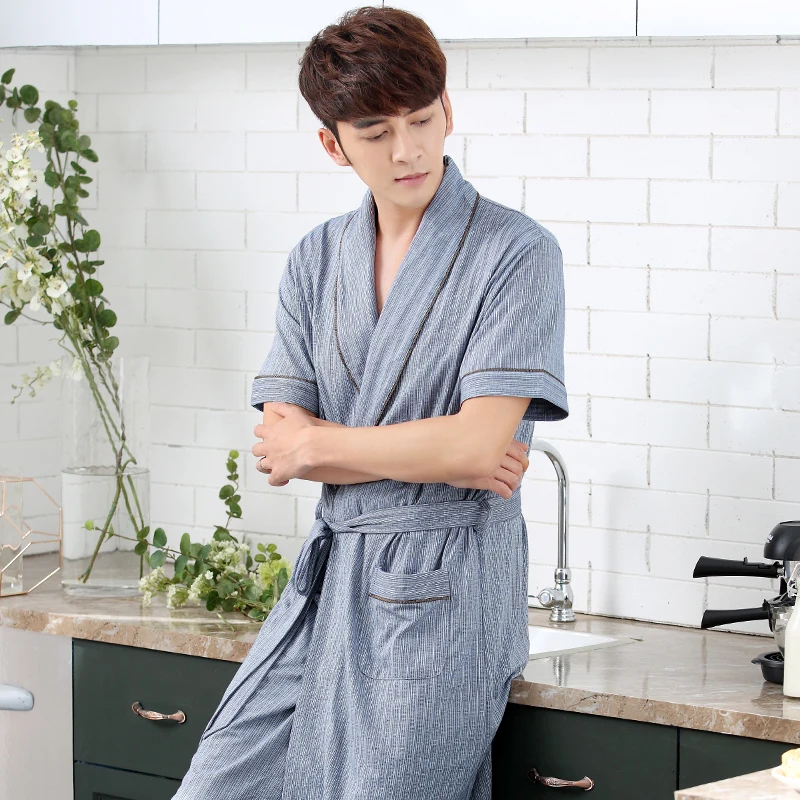 Robe Men Summer Cotton Short sleeve Thin Bathrobes Long Robes Men