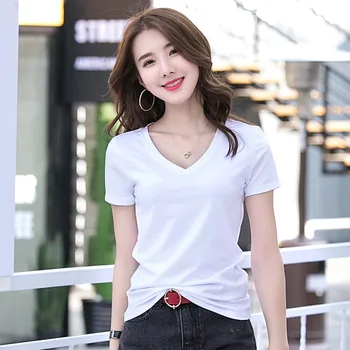 

Hot Sale 2020 Summer Women's Fashion Slim Sexy V-Neck Cotton Soft Short Sleeve T Shirt Tops Female Cute Wholesale Korean Shirt