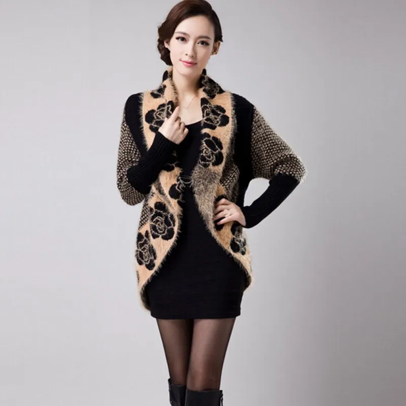 

Autumn Women Fashion Flower Mohair Knit Shawl Cardigan Sweater Cardigans Korean Style Long Sleeve Medium Long Sweaters