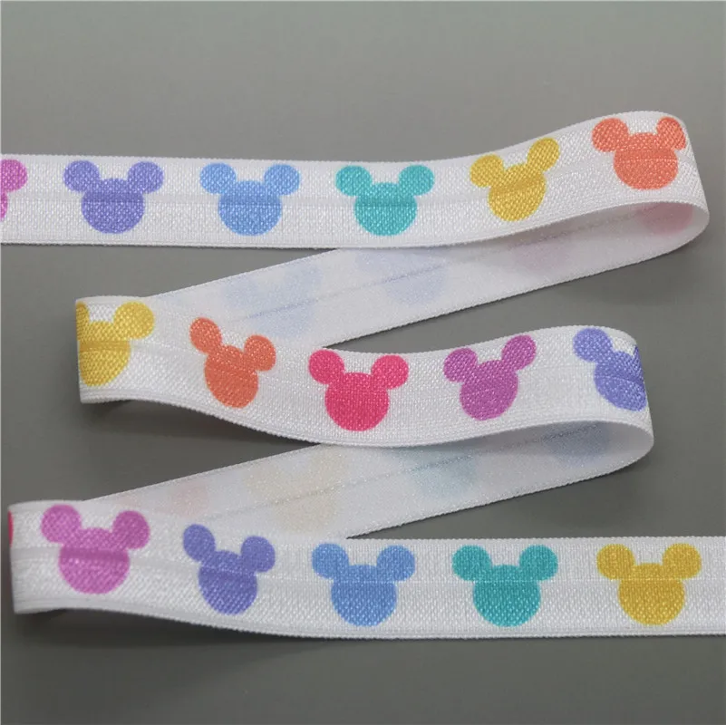 DHK 5/8'' 50yards dotdot smile mickey printed Fold Elastic FOE stretch ribbon hairbow headwear headband DIY S930 - Цвет: 4