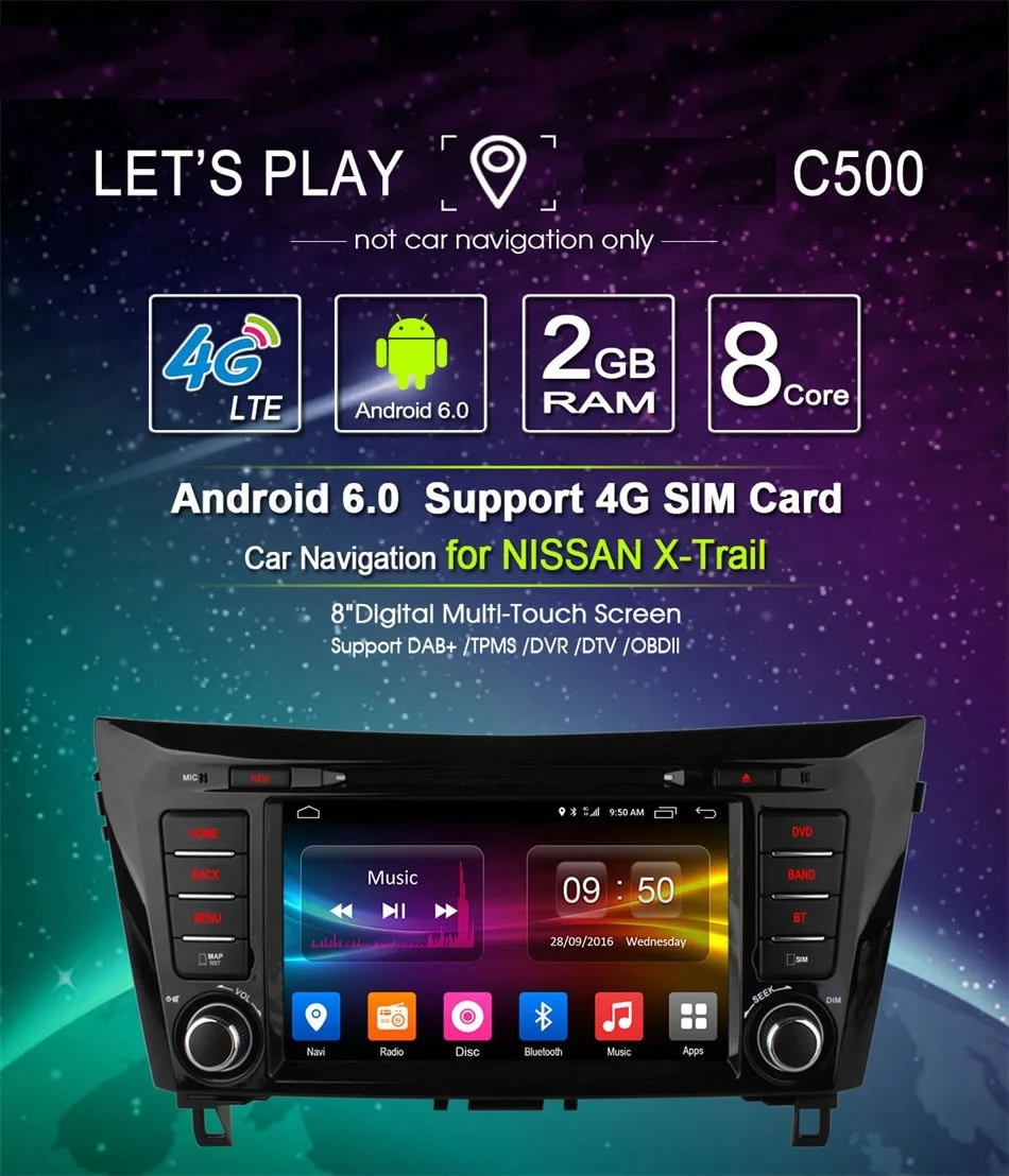 Best vehicel C500 4G SIM LTE 2 din car radio gps Android 6.0 Octa 8 Core Car DVD GPS for Nissan Qashqai X-Trail wifi 1024*600 2