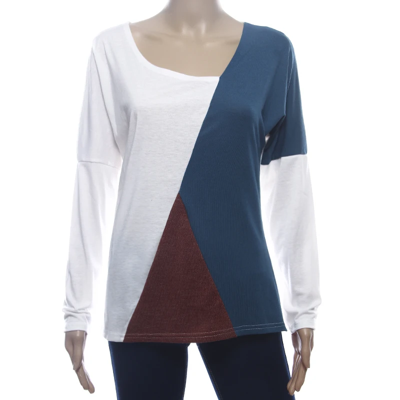 Осенне-зимняя женская футболка, Новая цветная Лоскутная свободная футболка с длинными рукавами, топы, повседневные женские топы размера плюс S-5xl SJ923E
