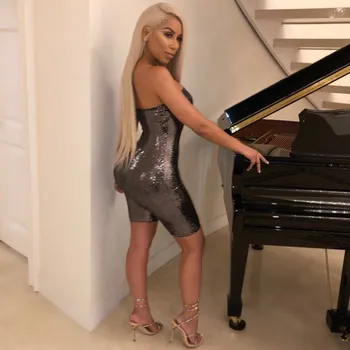 

Fashion 2019 Summer Women Sequins Short Jumpsuit Casual Backless Solid Bodycon Romper Strapless Off Shoulder Sexy Playsuit