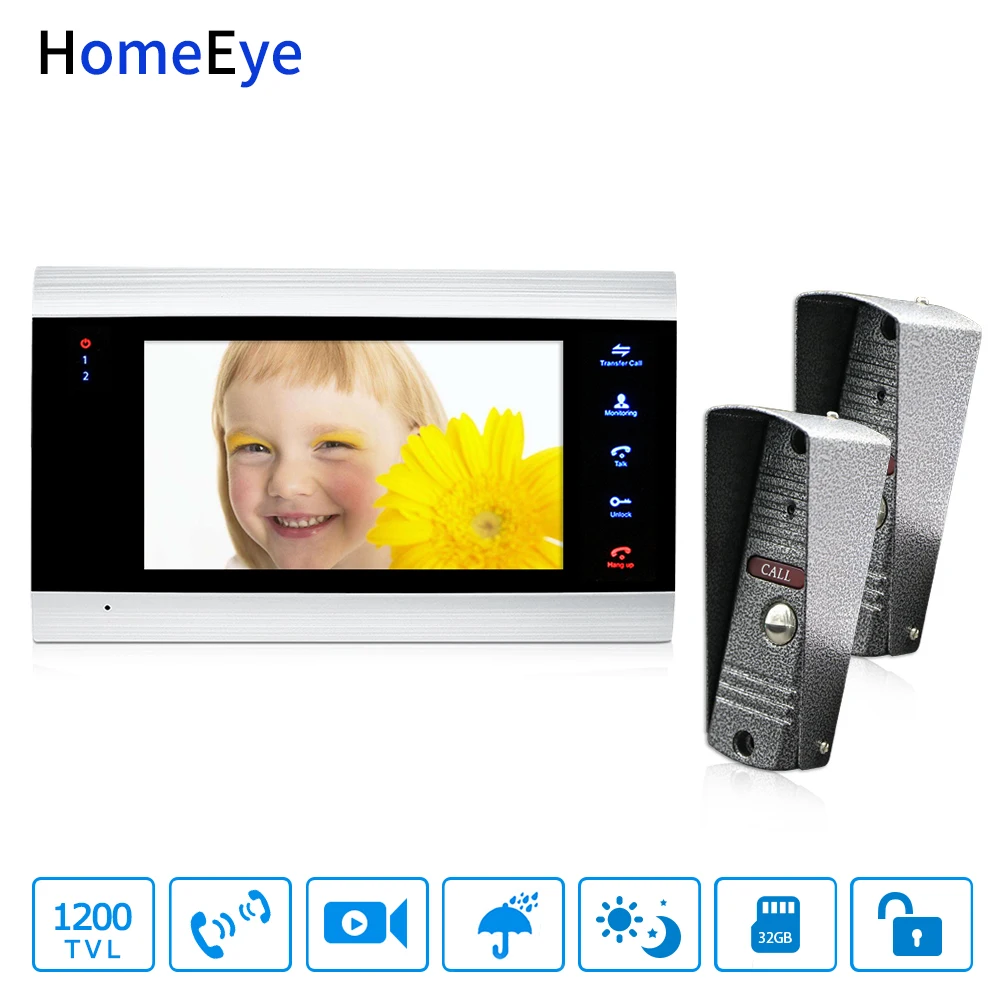 HomeEye 7'' Video Door Phone Intercom Door Bell 2-1 Access Control System Motion Detection Multi-languages OSD Menu Video Record