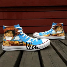 Вэнь Аниме обувь дизайн ручной росписи на заказ одна деталь Луффи подарки на день рождения Мужские Женские высокие холщовые кроссовки
