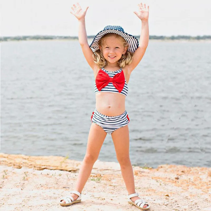 Милый Модный Купальник для малышей, бикини в полоску, 2 предмета, купальный костюм хлопковая пляжная одежда с бантом для девочек, детская одежда, YZ19041