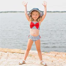Милый Модный Купальник для малышей, бикини в полоску, 2 предмета, купальный костюм хлопковая пляжная одежда с бантом для девочек, детская одежда, YZ19041