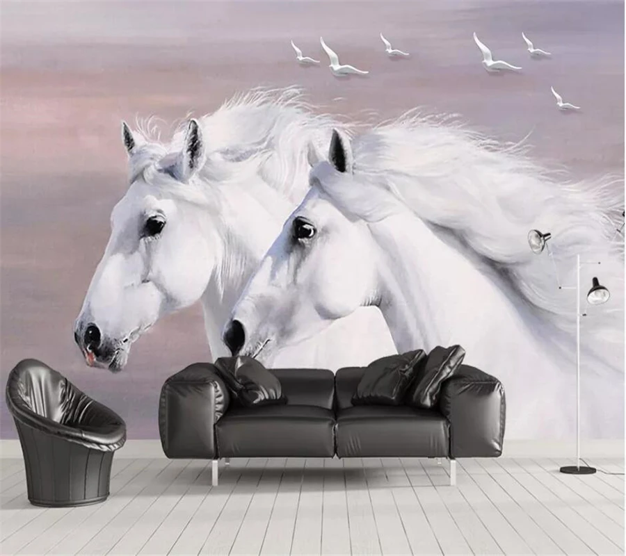 

Custom wallpaper 3d stereo photo mural European hand-painted white couple horses flying birds background wall painting wallpaper