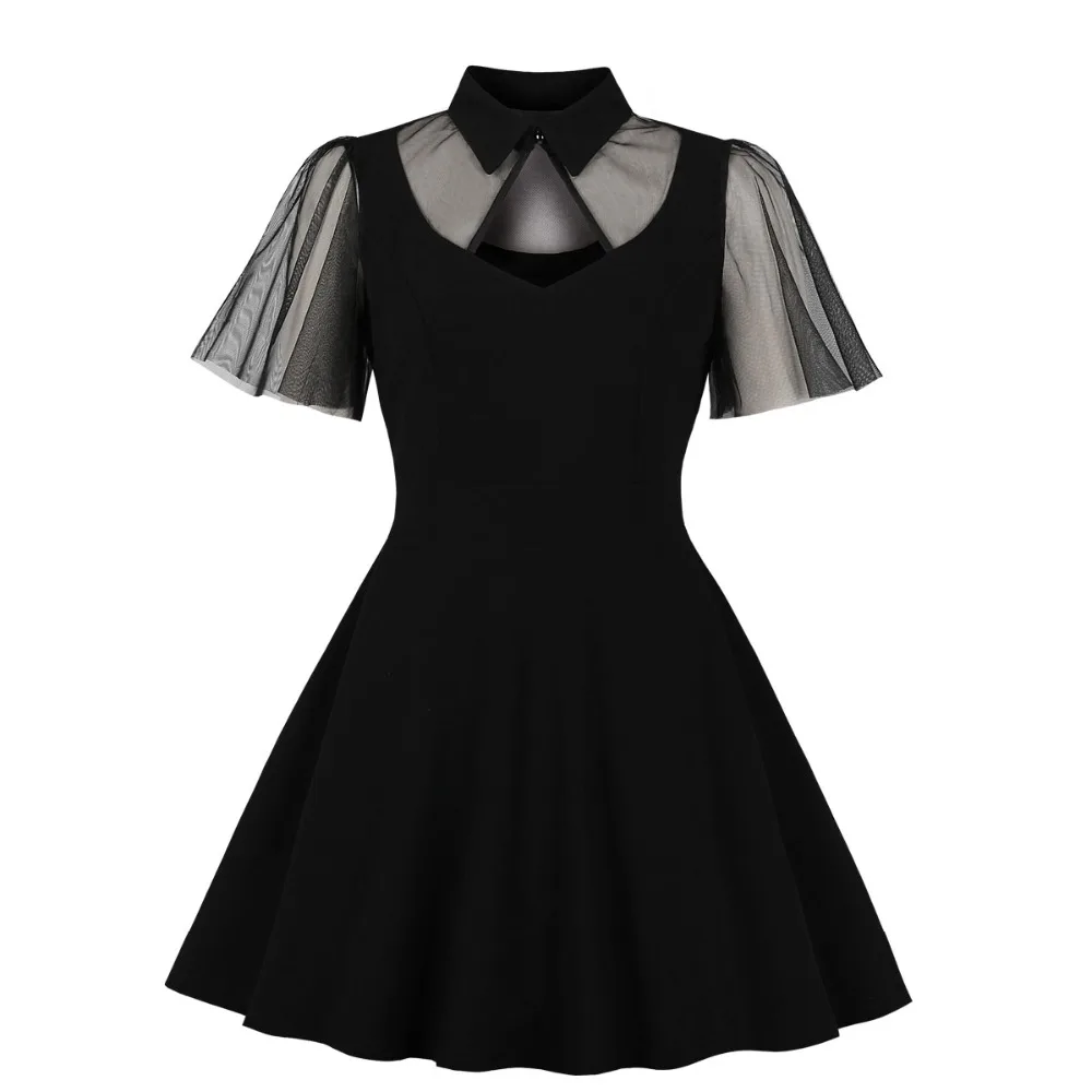 Женское Сетчатое платье с рукавами-рюшами, женское винтажное платье-рубашка с алмазным вырезом 1950 s, маленькое черное платье с расклешенным подолом