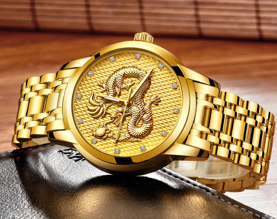 2021 LIGE New Golden Mens Watches Top Brand Luxury Chinese Dragon Watch Business Full Steel Quartz Clock Male Relogio Masculino