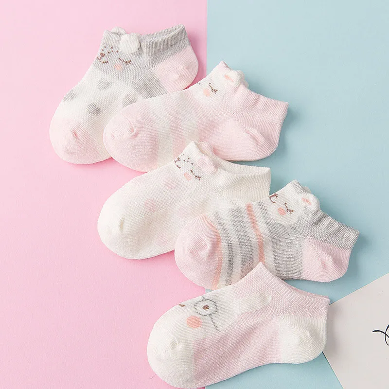 5 Pairs/Lot Cute Animal Print Kids Socks Summer Cotton Children Girls Socks Breathable Toddler Short Socks Sokken Skarpetki - Color: 5 pairs