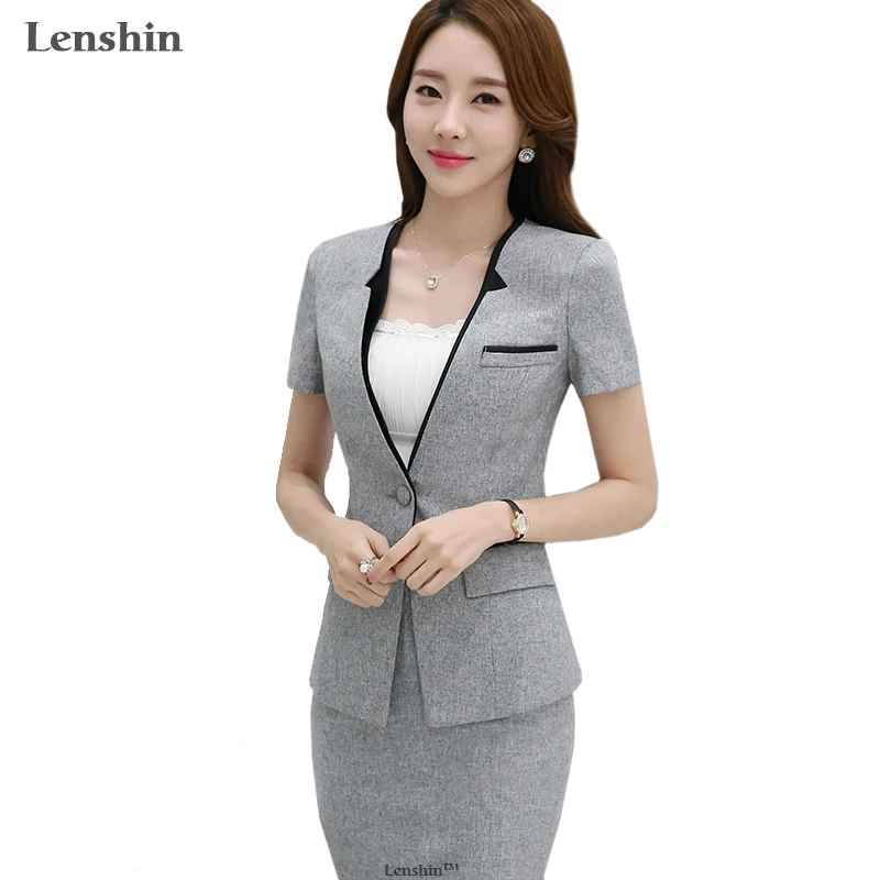 

Lenshin 2 Pieces Set Contrast Collar New Summer work wear women's skirt suits Female Formal Short-Sleeve blazer jacket & skirt