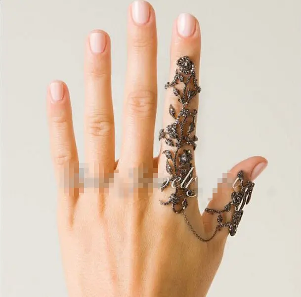 

YoGe R1085B Luxury AAA cubic zirconia micro pave setting novel Nano black stone rose flower left hand double finger knuckle ring