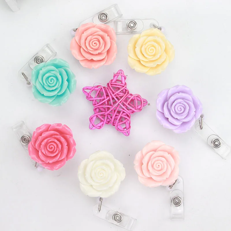New Resin Rose Flower Nurse Retractable Badge Reel Pull ID Card Badge Holder Belt Clip Hospital School Office K159 New Resin Rose Flower Nurse Retractable Badge Reel Pull ID Card Badge Holder Belt Clip Hospital School Office K159