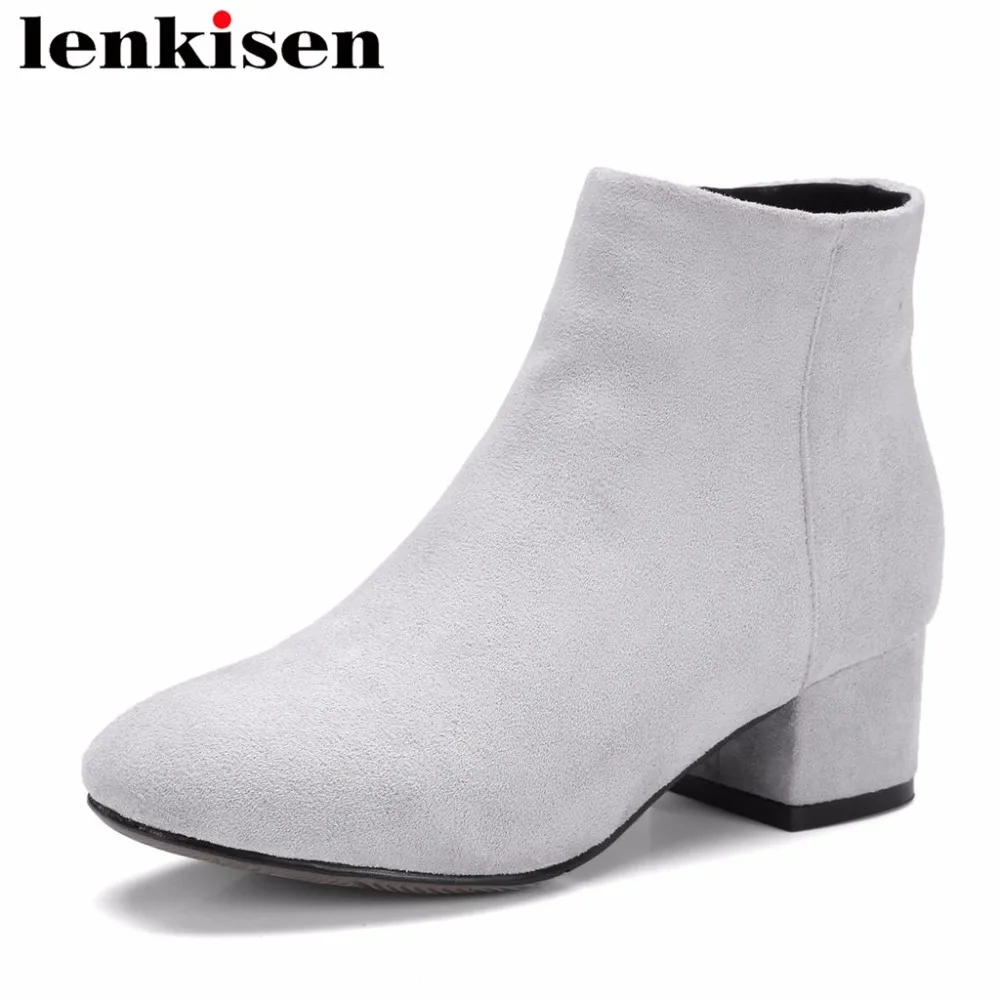 

Lenkisen autumn winter high quality solid square toe med heels large size zipper flock high street fashion women ankle boots L98