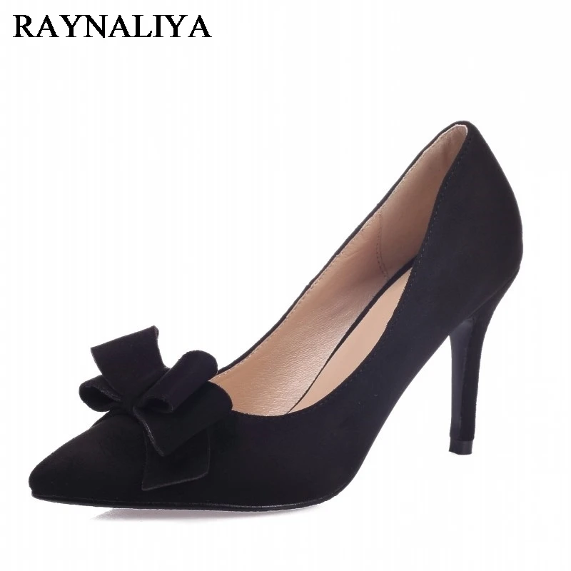 

Women Kid Suede Leather High Heels Sexy Lady Single Shoes Black Green Party Shallow Mouth Wedding Shoes With Bow BLY-B0004