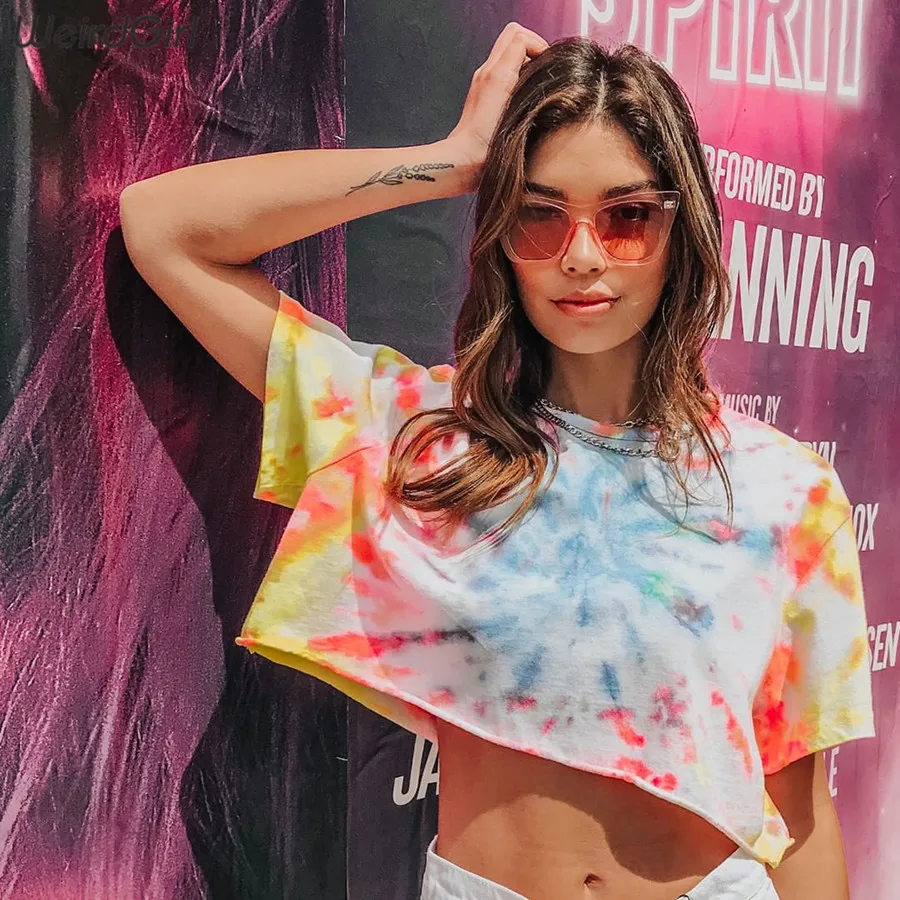 

Weirdgirl Women Casual Fashion Loose T-shirts colorful Print O-Neck short Sleeve elastic Streetwear Going Out Tees New summer