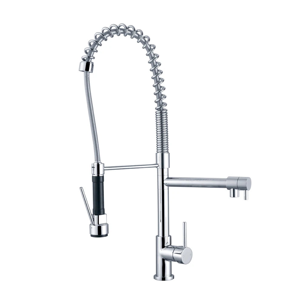 Brass Pull Out Spray Kitchen Faucet Tap With Spiral Spring And Button