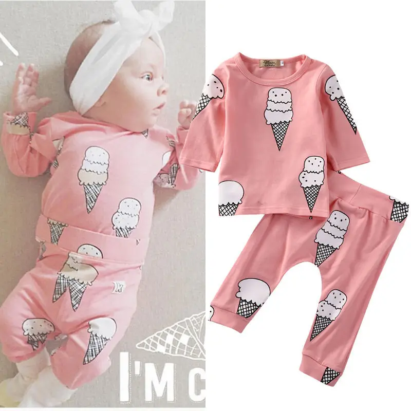 Newborn Infant Baby Girl Clothes Ice Cream Long Sleeve T shirt Pants