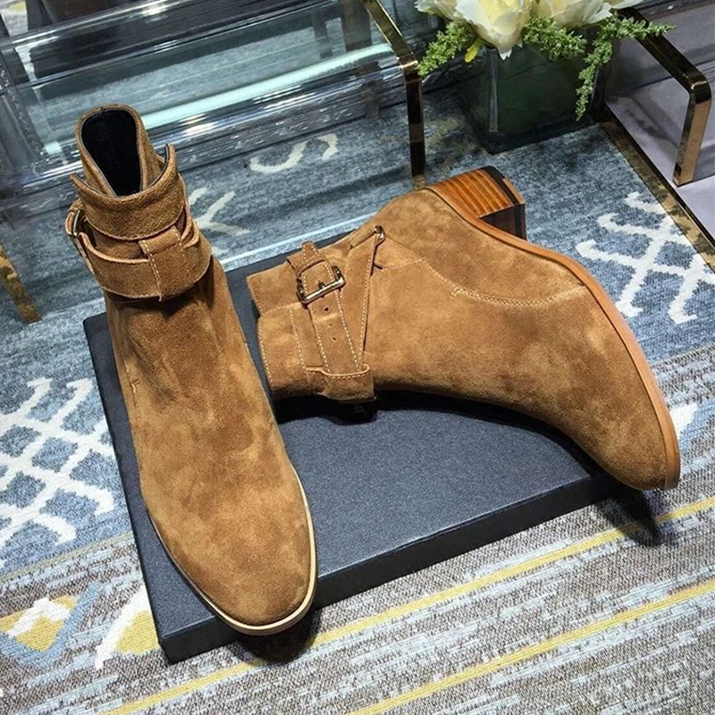 

England Vintage Style Suede Leather Women Short Boots Thick Heels Dress Shoes Woman Metal Buckle Ankle Chelsea Booties Botas