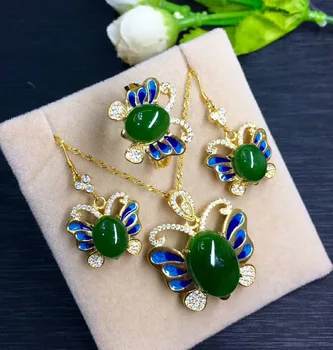 

Hetian Biyu Silver Inlay Set Jasper Butterfly Set j6#