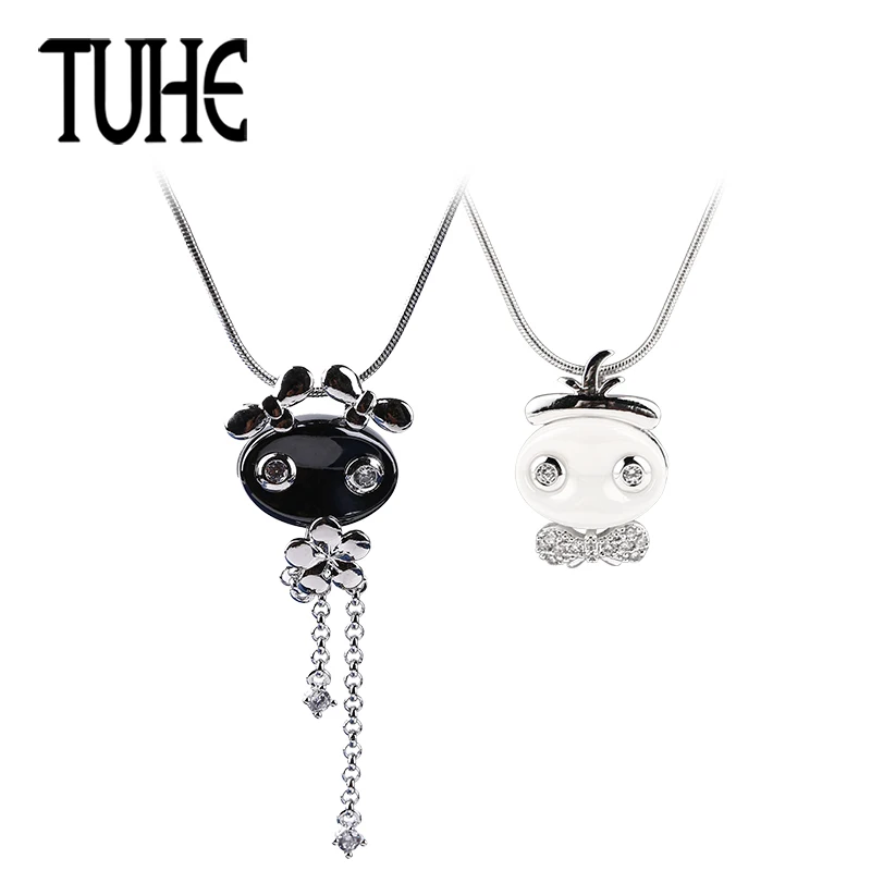 

2018 New Lovely Ceramic Doll Pendant Necklace Crystal Gentleman Boy Beauty Girl Couple Necklace Black White Fashion Jewelry Gift