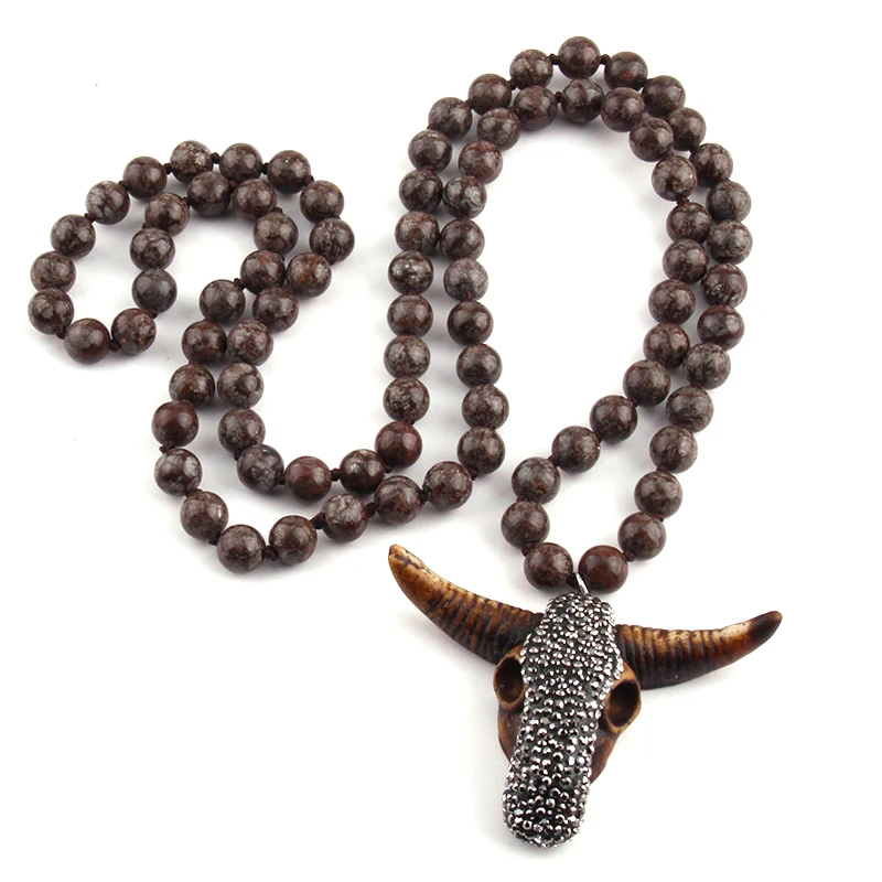 Women Necklace Fashion Long Knotted Stones Bohemian Tribal Jewelry Natural Stone Brown Skull Head Pendant Necklace