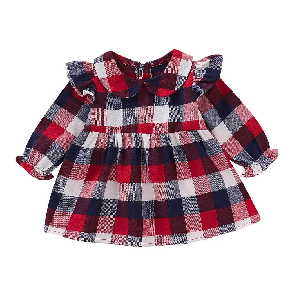 

Infant Toddler Baby Long Lantern Sleeve Ruffles Girl Plaid Princess Dress Cloth