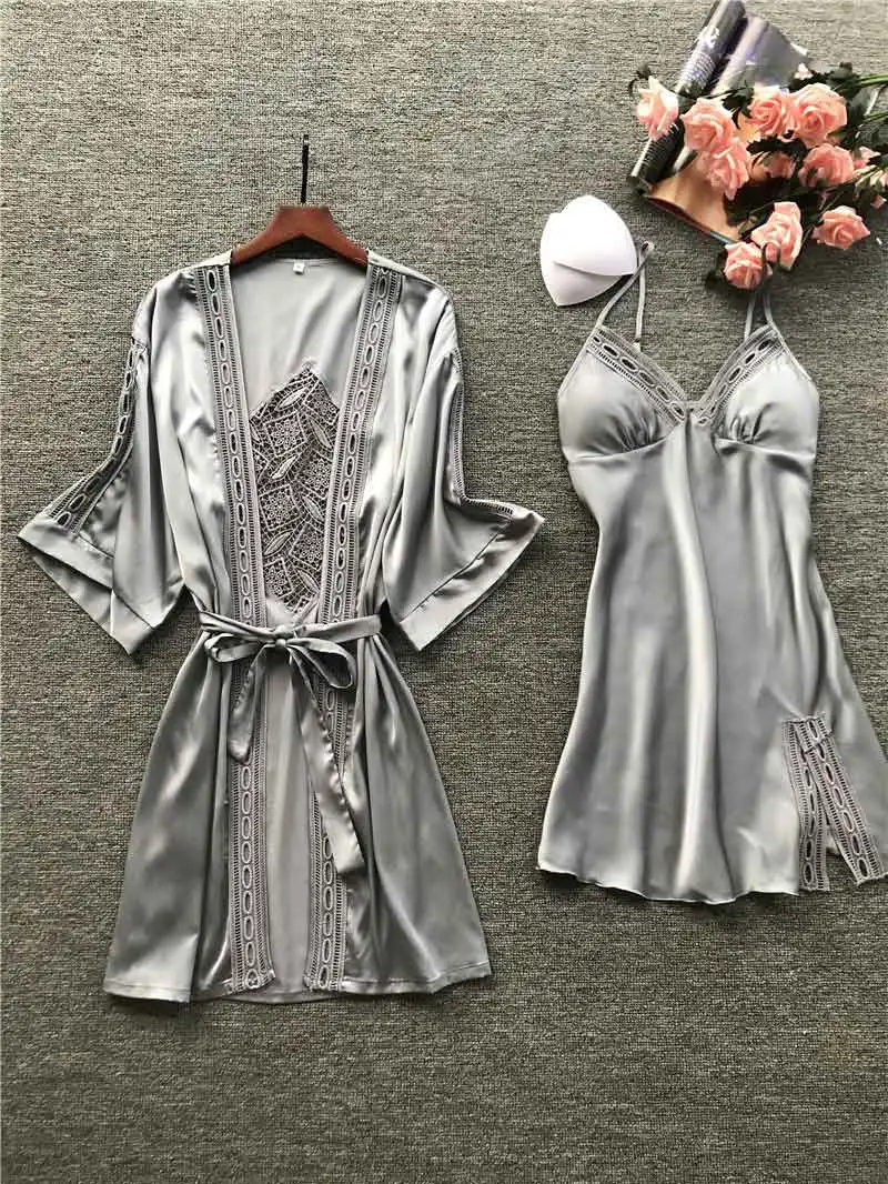 BZEL, сексуальный кружевной халат, наборы с поясом, 2 шт., Женский Атласный пижамный комплект, ночная рубашка, шелковое летнее ночное белье, халат, женский Пижамный M-XL - Цвет: silver gray